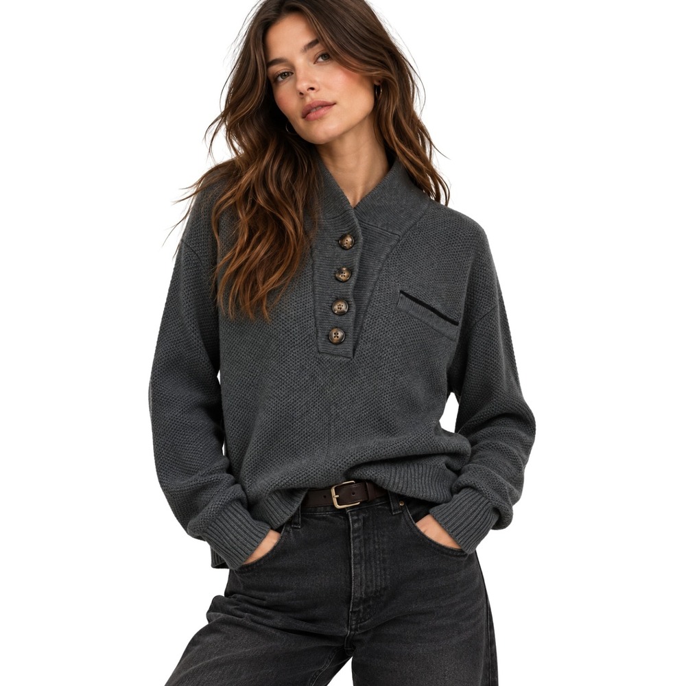 Lunya Sweater Medium Charcoal Gray Waffle Knit Shawl Collar Pullover Pocket